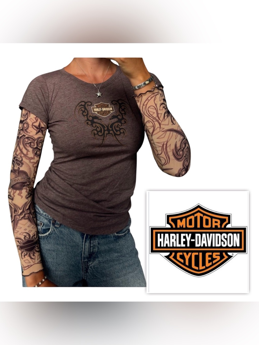 Vintage Y2K Harley-Davidson Women XS/S Brown tattoo logo Graphic Long Sleeve Tee